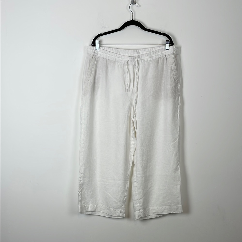 Talbots White Linen Pants Womens 18 Wide Leg Cropped Drawstring Waist Pants